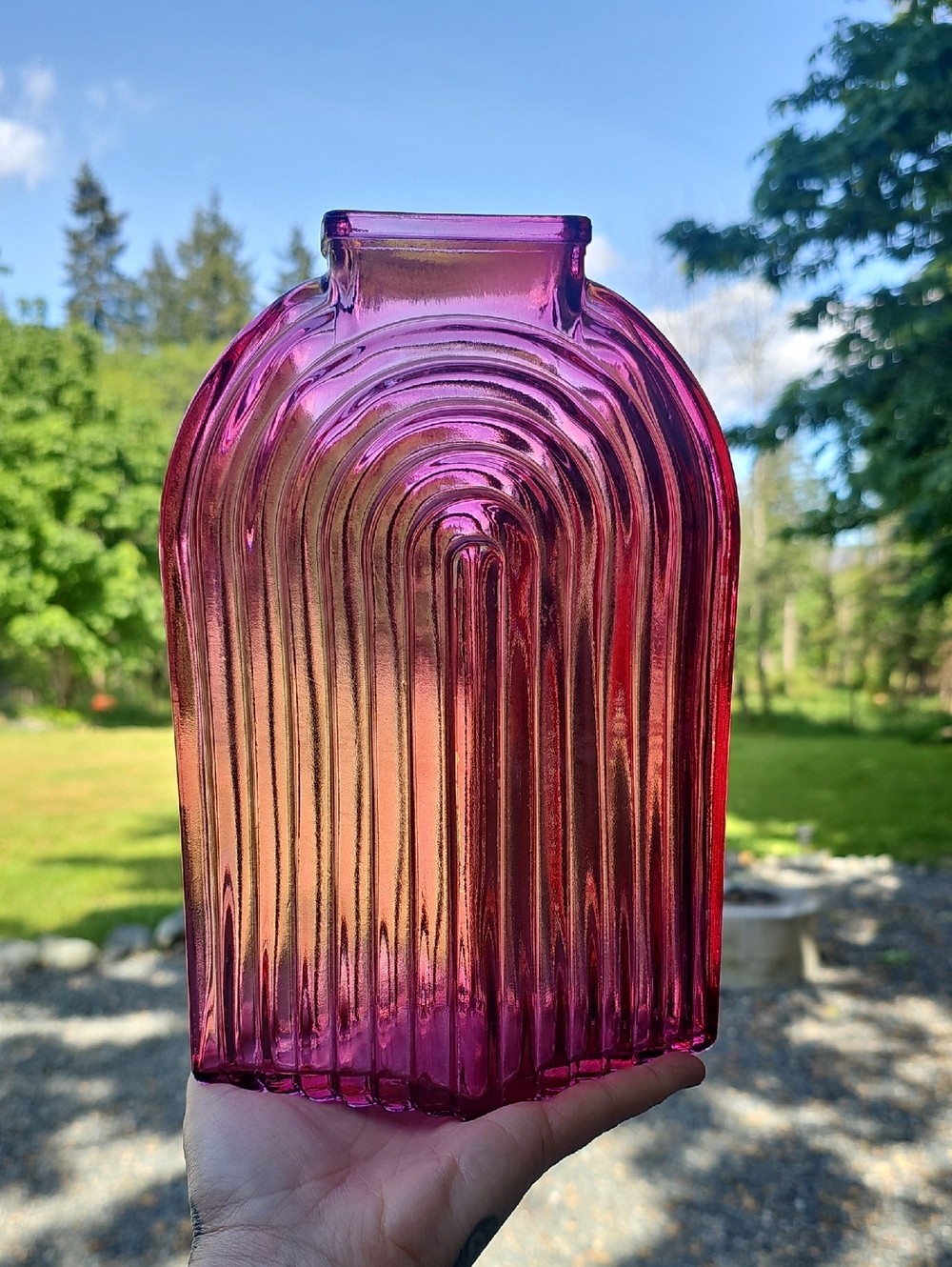 Vintage Pink Ribbed Glass Arch Vase